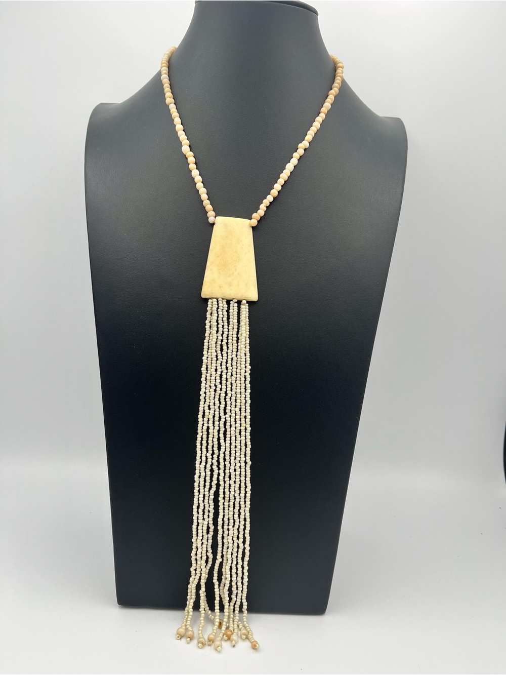 Cream Beaded Tassel Pendant Necklace - Neutral Layering Necklace